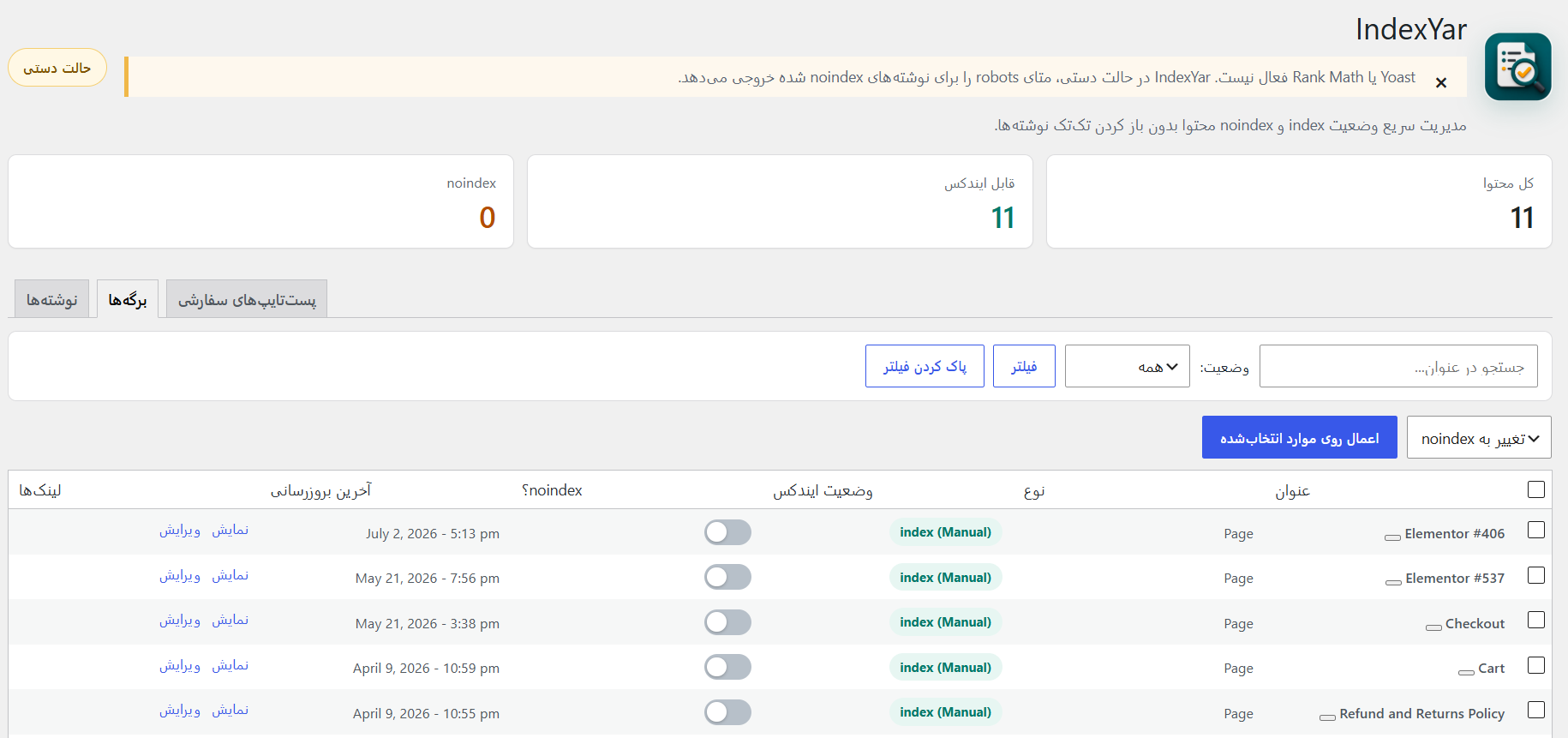نمای پنل مدیریت افزونه نمایه بان